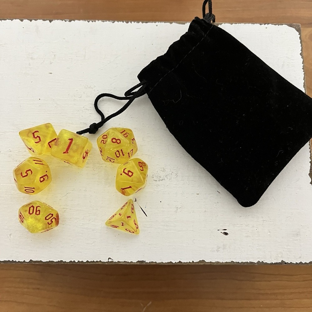 Set Of 7 Dice & Velvet Carry Bag Yellow With Red Writing‎